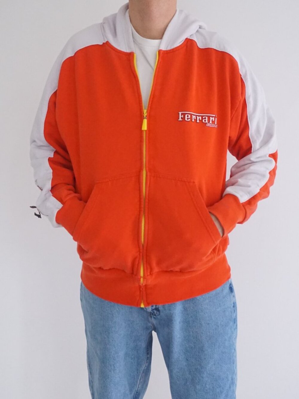 Ferrari Red White Logo Stripe Zip Front Hooded Jacket Cotton Blend Racing Large